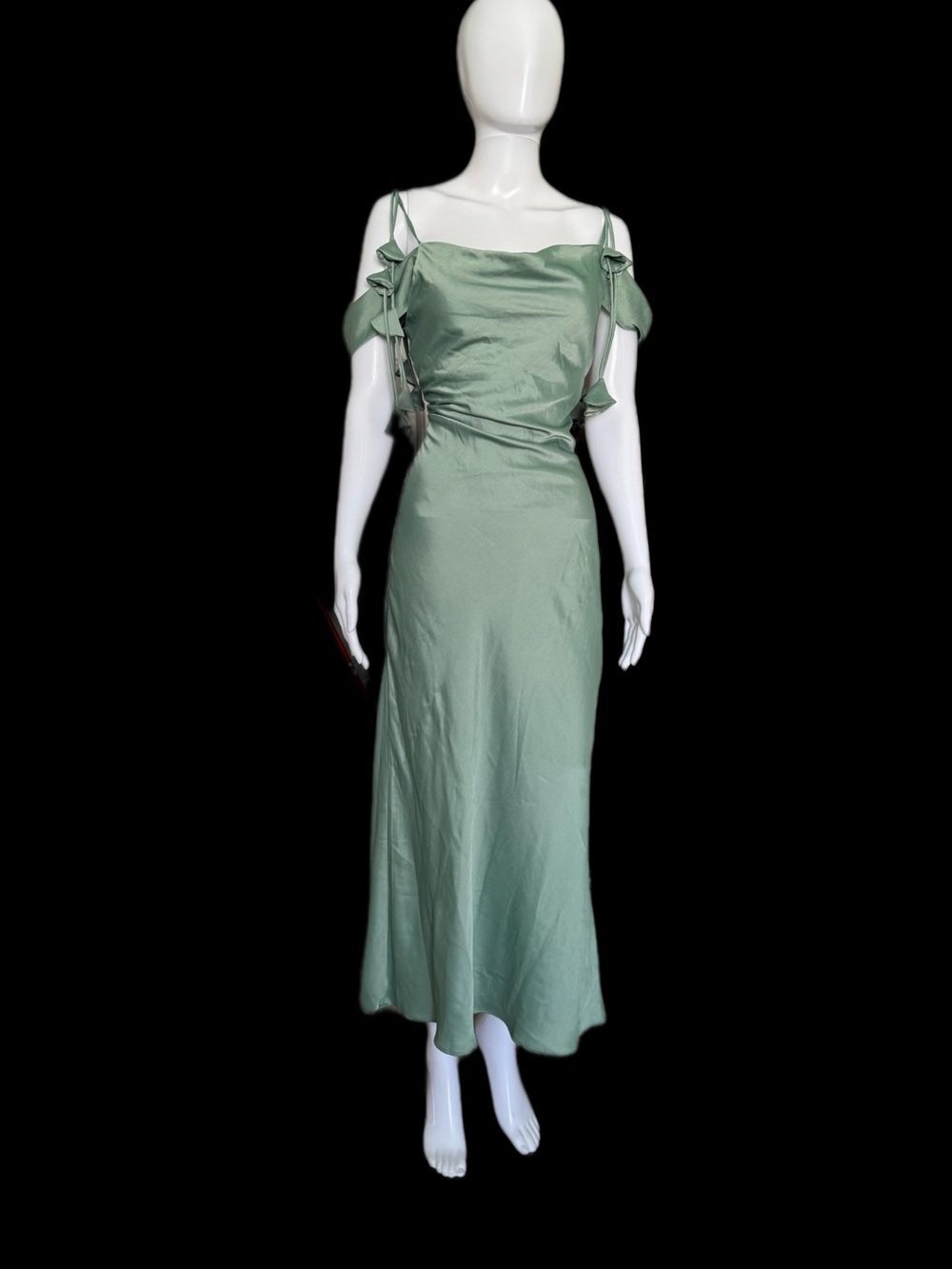 Adelyn Rae Sage Green Satin Off-Shoulder Maxi Dress with Ruffle Straps
